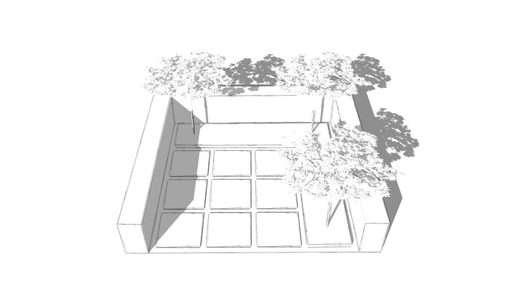 Grüner Patio mit Sitzplatz aus Grossformatplatten, Hochbeet mit Cortenstahleinfassung, Heckeneinfriedung und Dachplatanen als Sonnenschutz