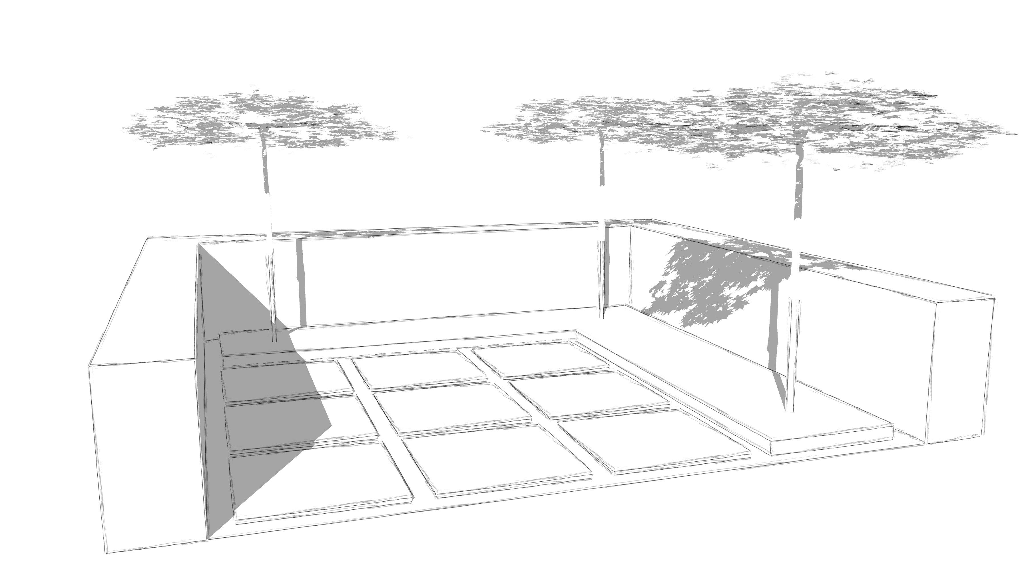 Grüner Patio mit Sitzplatz aus Grossformatplatten, Hochbeet mit Cortenstahleinfassung, Heckeneinfriedung und Dachplatanen als Sonnenschutz