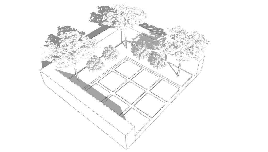 moderner Patio mit Dachplatanen und Sitzplatz aus Grossformatplatten