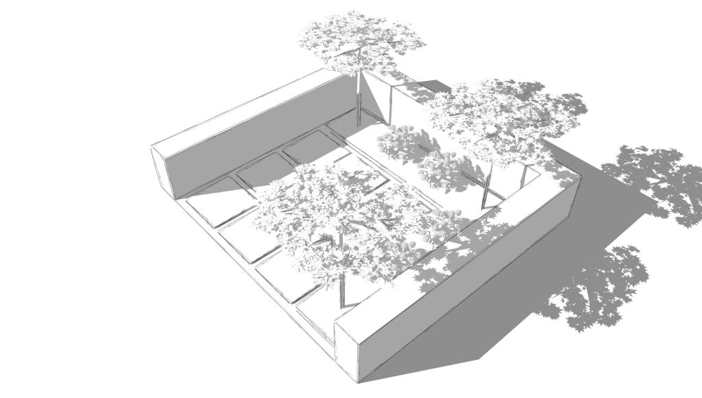 moderner Patio mit Dachplatanen und Sitzplatz aus Grossformatplatten