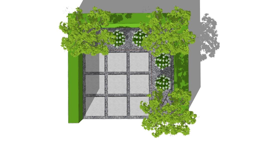 moderner Patio mit Grossformatplatten, Dachpatanen, Heckenelementen, Ballhortensien und Cortenstahlband