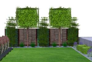 Sichtschutzkombinationen Teil 5 - Spalierbäume, Hecke am laufenden Meter, horizontale Verlattung und Bambusbepflanzung