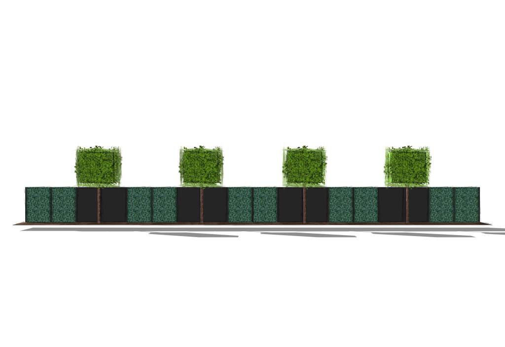 Sichtschutz-HPL, Hecke-am-laufenden-Meter, Spalierbäume und kastenförmig geschnittene Säulenbäume